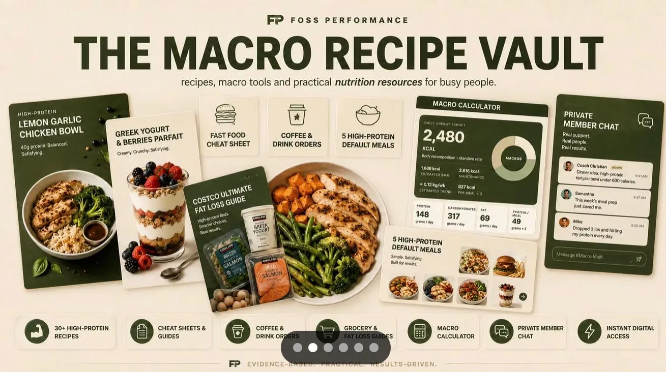 The Macro Recipe Vault — recipe cards, grocery guides and macro tools shown together