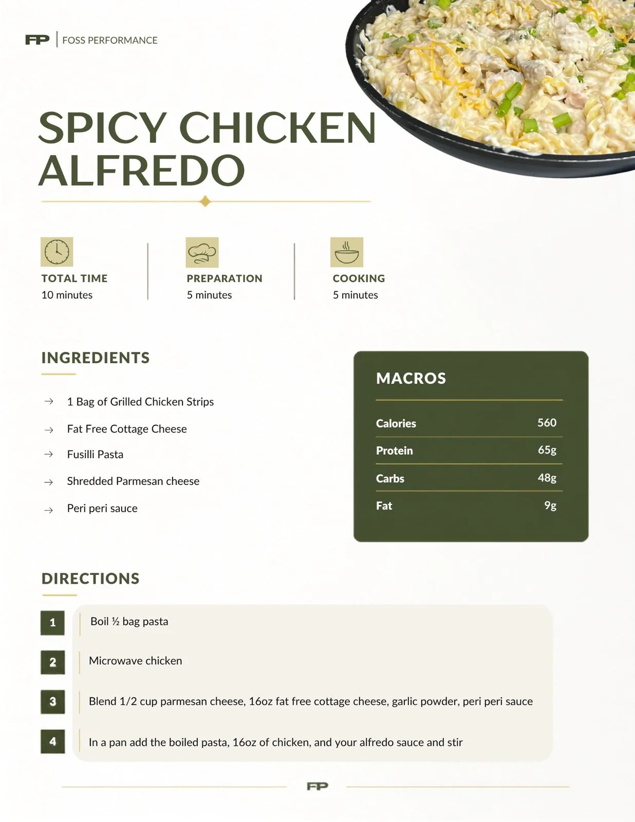 Spicy Chicken Alfredo recipe page showing calories and macros